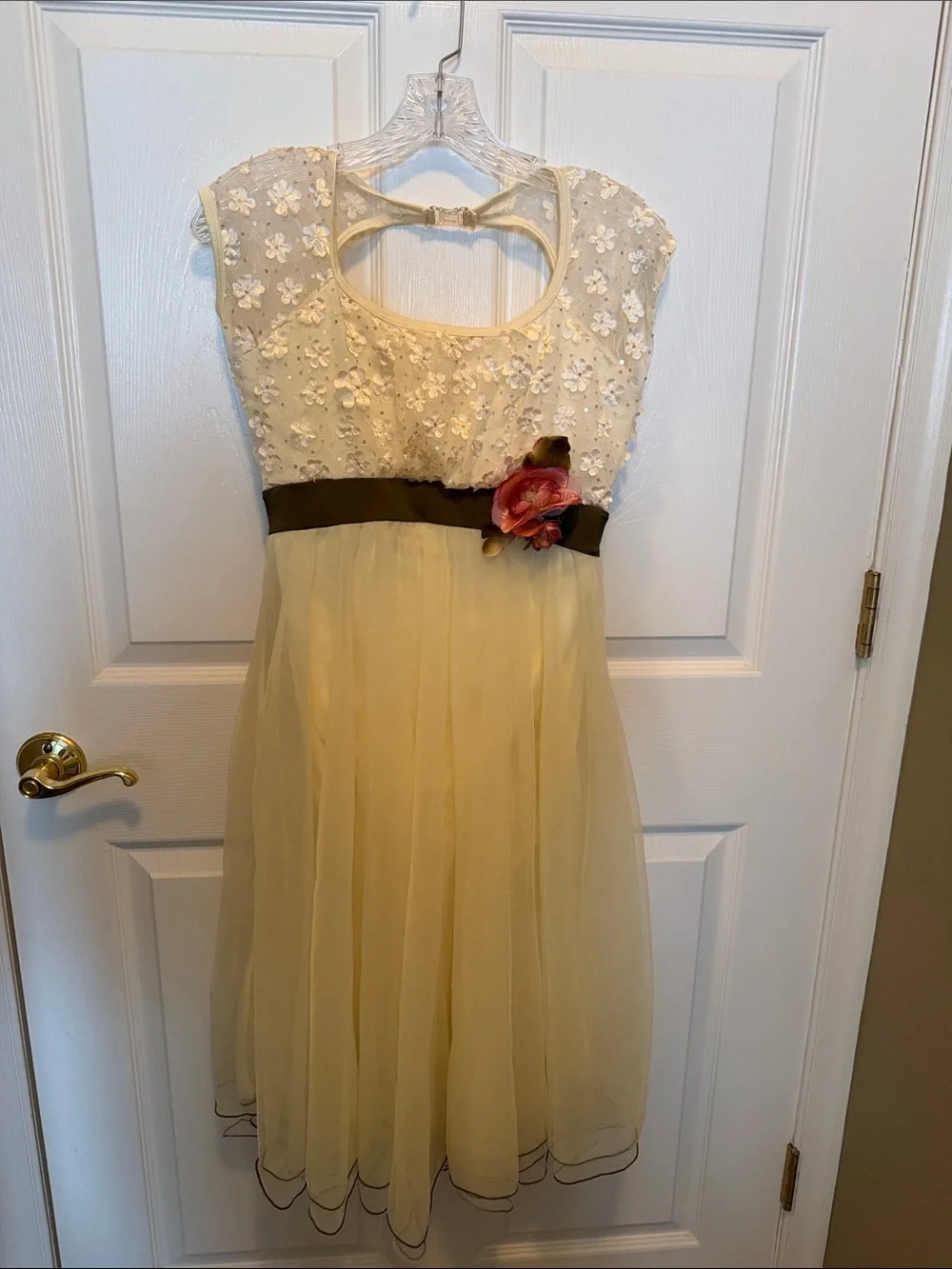 Cream Floral Lace Chiffon Girls Dress with Pink Flower Accent